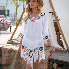 BIKINI White Bikini Cover Up With Fringe Trim