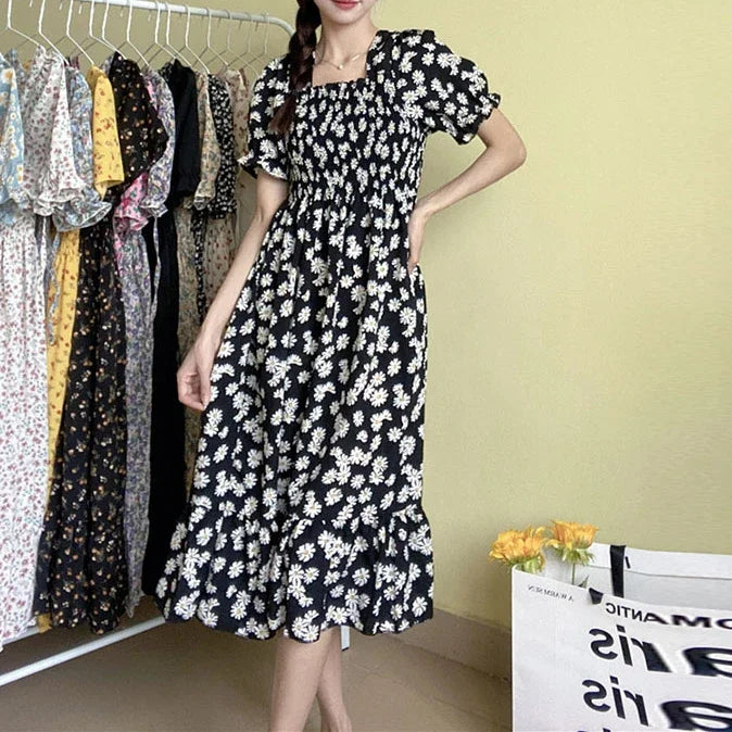 Spring Summer Elastic Waist Chiffon Dress