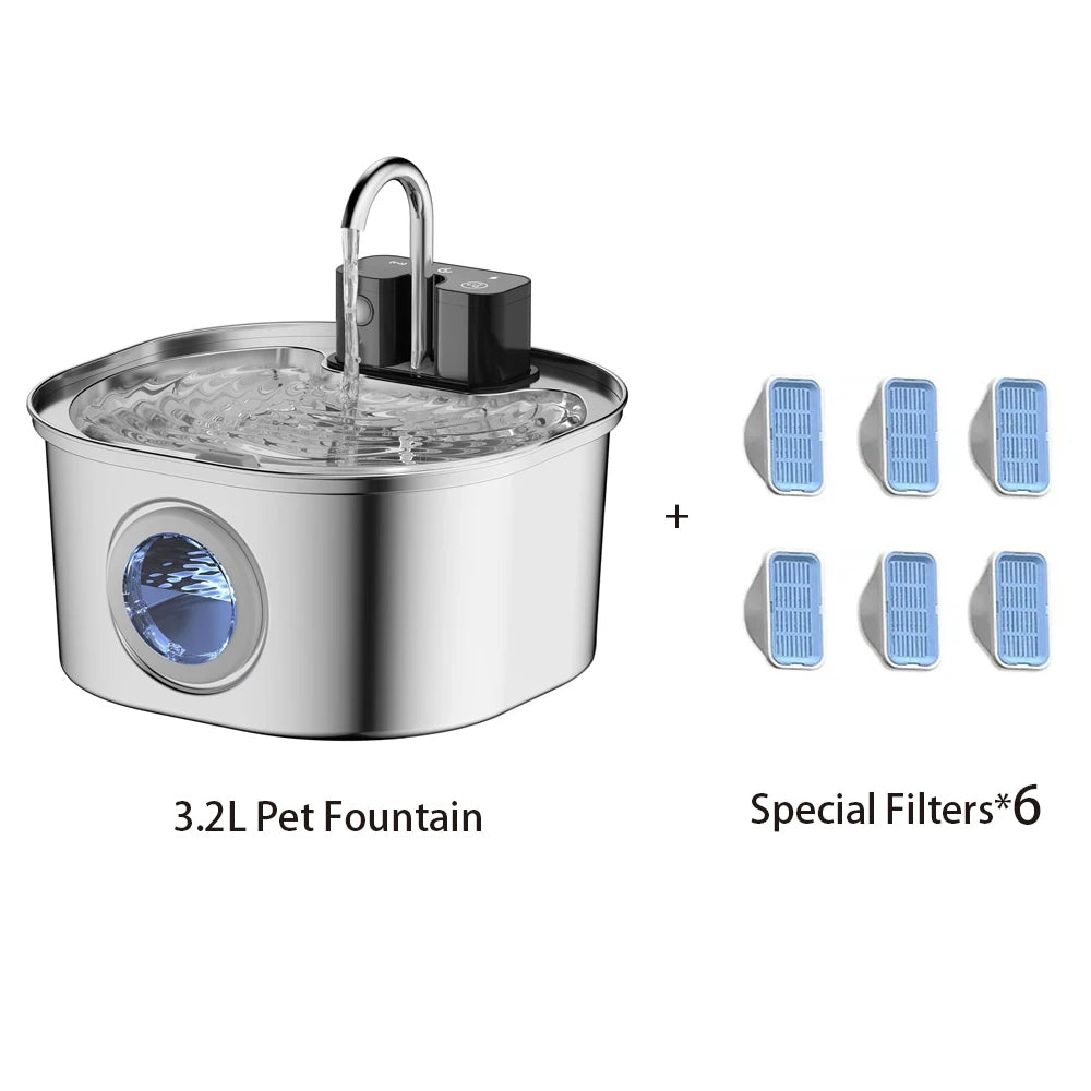 3.2L Wireless Stainless Steel Pet Water Feeder Auto Cat Fountain